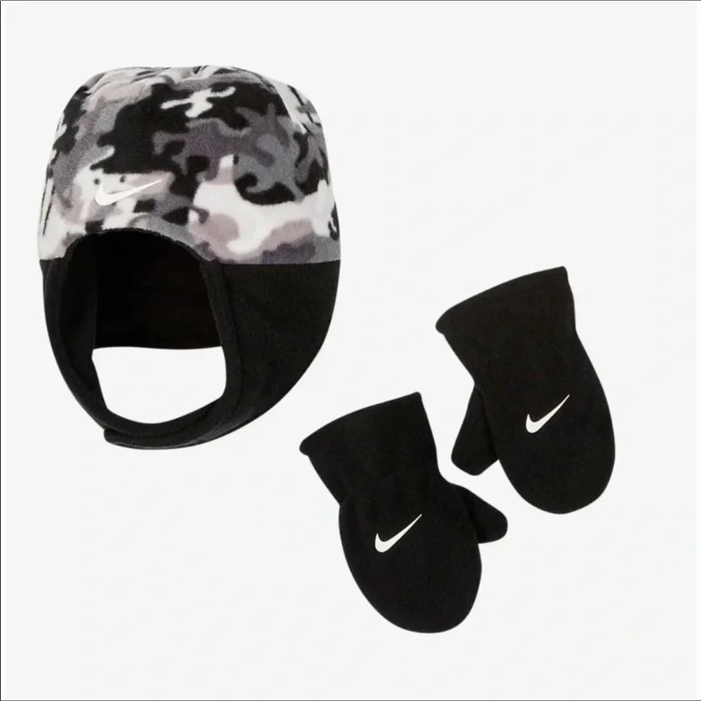 Nike Boys Trapper Hat Beanie Mittens Set Toddler Baby Swoosh Logo Black Gray NWT